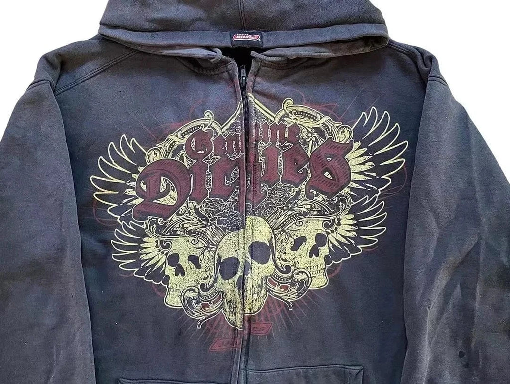 Y2k-sudaderas con cremallera y estampado de calavera para hombre, moda gótica Vintage, abrigos de manga larga de Hip Hop, sudadera holgada con capucha, Otoño Invierno