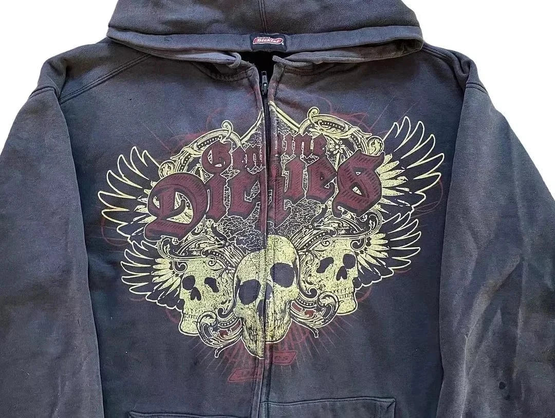 Y2k-sudaderas con cremallera y estampado de calavera para hombre, moda gótica Vintage, abrigos de manga larga de Hip Hop, sudadera holgada con capucha, Otoño Invierno