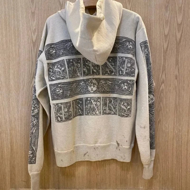 Sudaderas con capucha de gran tamaño Hiphop Street Retro Saint, sudaderas con estampado de grafiti a cuadros y daños lavados, pantalones, chándal para hombres y mujeres