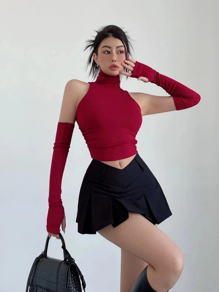 Top sin mangas Sexy para primavera y verano, Top corto plisado con mangas para chica picante y cuello alto, camiseta para mujer, ropa informal ajustada Y2k