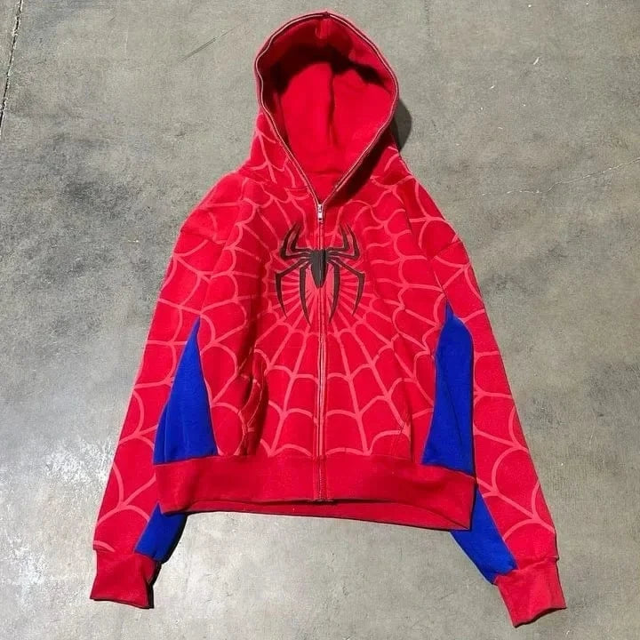 Sudaderas con capucha con estampado de araña para hombre y mujer, chaqueta de manga larga con cremallera de Hip Hop, abrigos Y2k para Otoño e Invierno, Sudadera con capucha holgada informal Harajuku