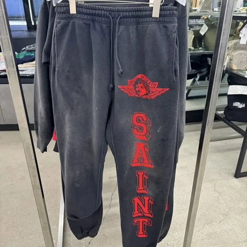 Sudaderas con capucha de gran tamaño Hiphop Street Retro Saint, sudaderas con estampado de grafiti a cuadros y daños lavados, pantalones, chándal para hombres y mujeres