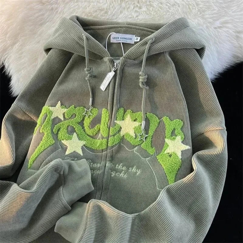 Sudaderas con cremallera bordadas a la moda para mujer, Tops de manga larga de otoño, camisa con capucha holgada, ropa Harajuku Y2K, sudadera para mujer, chaqueta