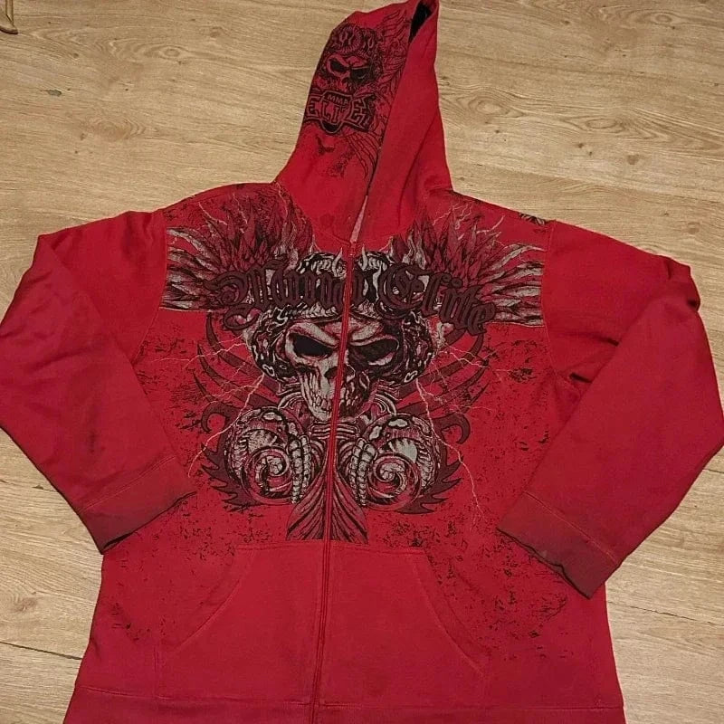 Y2k-sudaderas con cremallera y estampado de calavera para hombre, moda gótica Vintage, abrigos de manga larga de Hip Hop, sudadera holgada con capucha, Otoño Invierno