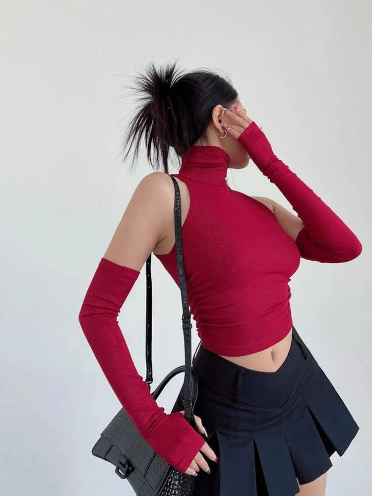 Top sin mangas Sexy para primavera y verano, Top corto plisado con mangas para chica picante y cuello alto, camiseta para mujer, ropa informal ajustada Y2k
