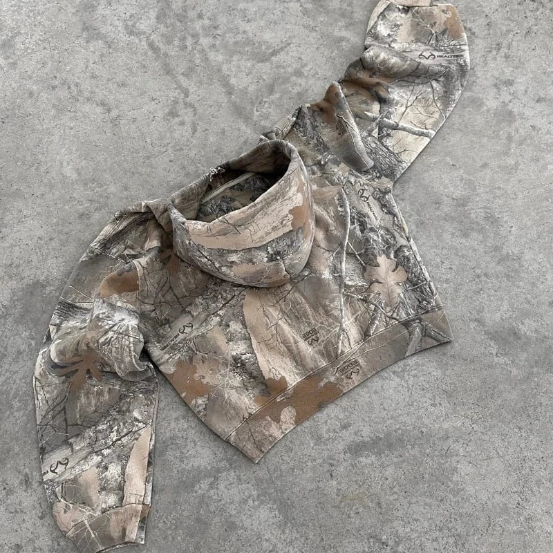 Sudadera con capucha Retro Y2K con cremallera para hombre, sudadera con estampado de camuflaje, ropa informal estilo Hip Hop, Sudadera con capucha de camuflaje Unisex de gran tamaño
