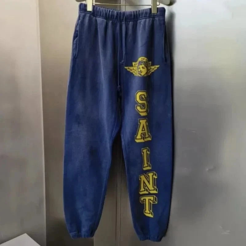 Sudaderas con capucha de gran tamaño Hiphop Street Retro Saint, sudaderas con estampado de grafiti a cuadros y daños lavados, pantalones, chándal para hombres y mujeres
