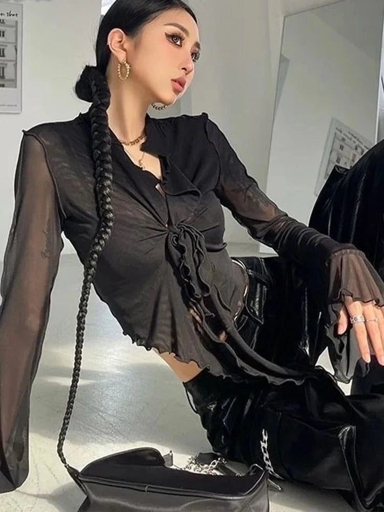 Blusas de manga larga acampanada para mujer, malla con cordones, Sexy, dulce y caliente, estilo de moda coreana, combina con todo, diseño sólido, elegante e informal