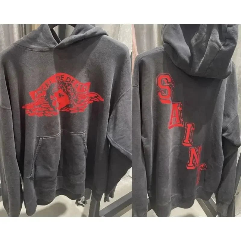 Sudaderas con capucha de gran tamaño Hiphop Street Retro Saint, sudaderas con estampado de grafiti a cuadros y daños lavados, pantalones, chándal para hombres y mujeres