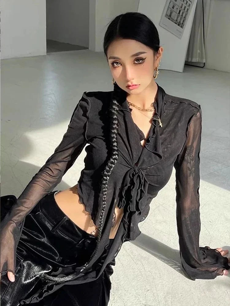 Blusas de manga larga acampanada para mujer, malla con cordones, Sexy, dulce y caliente, estilo de moda coreana, combina con todo, diseño sólido, elegante e informal