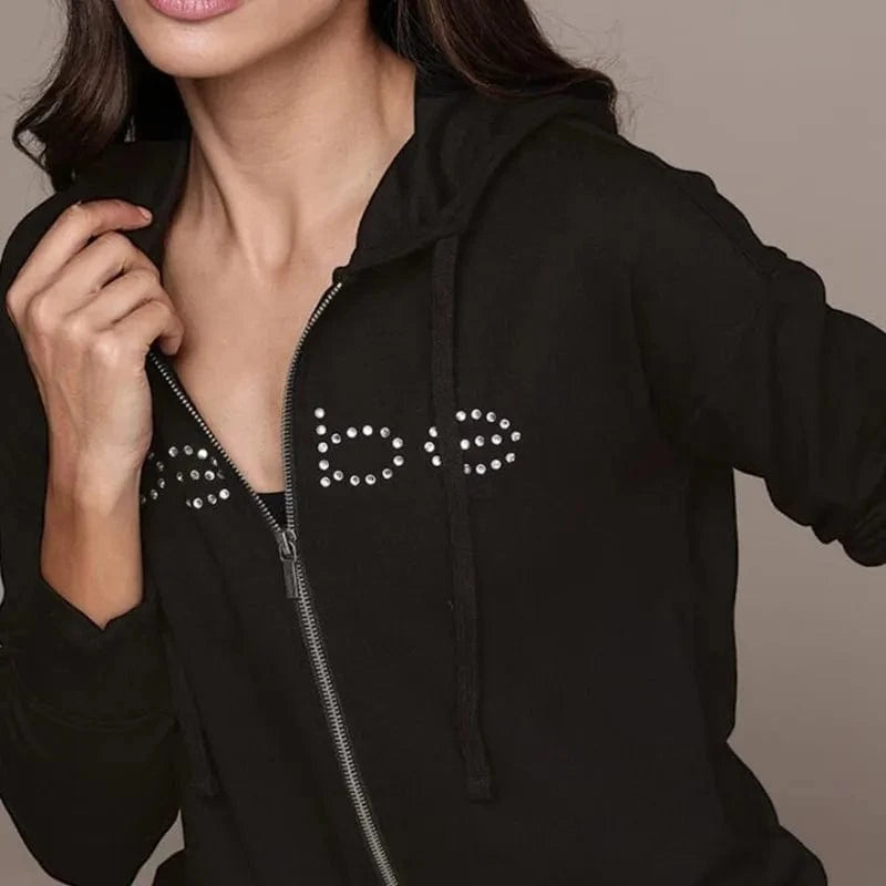 Sudaderas con capucha Y2K con diamantes de imitación para mujer, ropa gótica de gran tamaño con cremallera para mujer, chaqueta con capucha Retro Harajuku, ropa de calle ostentosa de los años 90