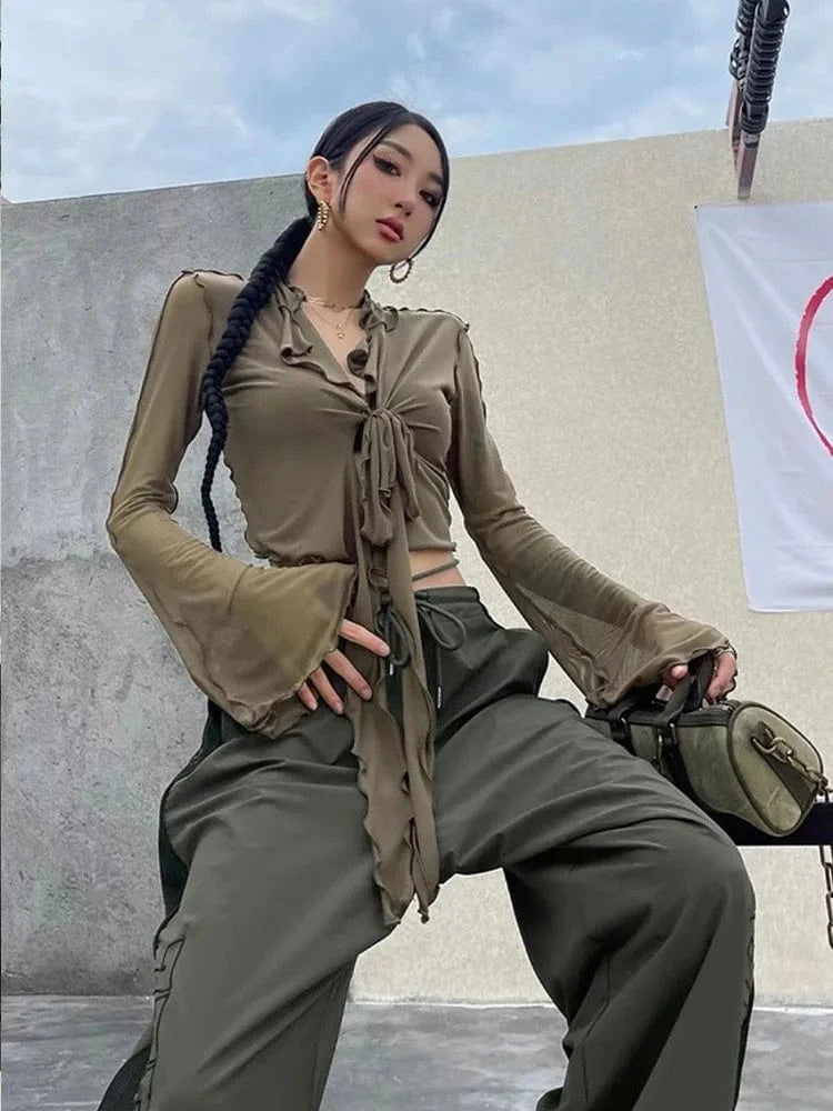 Blusas de manga larga acampanada para mujer, malla con cordones, Sexy, dulce y caliente, estilo de moda coreana, combina con todo, diseño sólido, elegante e informal