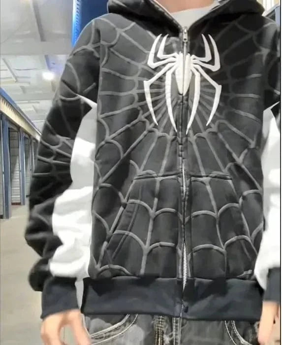 Sudaderas con capucha con estampado de araña para hombre y mujer, chaqueta de manga larga con cremallera de Hip Hop, abrigos Y2k para Otoño e Invierno, Sudadera con capucha holgada informal Harajuku