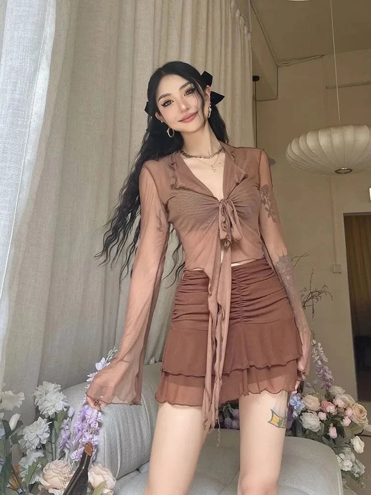 Blusas de manga larga acampanada para mujer, malla con cordones, Sexy, dulce y caliente, estilo de moda coreana, combina con todo, diseño sólido, elegante e informal