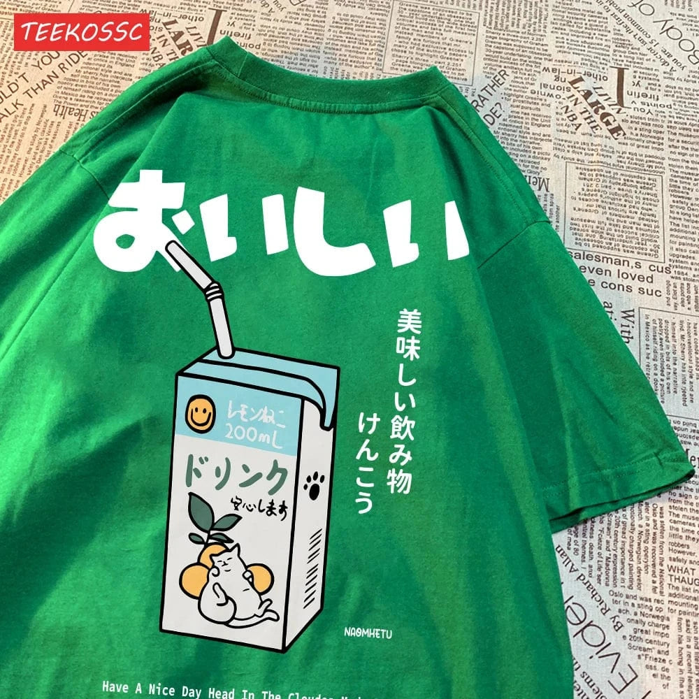 Camiseta extragrande con estampado de gato japonés para hombre y mujer, camiseta informal holgada de manga corta, ropa de calle, Tops de algodón, ropa Harajuku