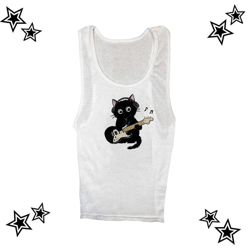 Camisetas básicas Vintage con diseño de gato estético Y2k, ropa para mujer, Top gráfico Retro, camiseta informal blanca de manga corta para mujer