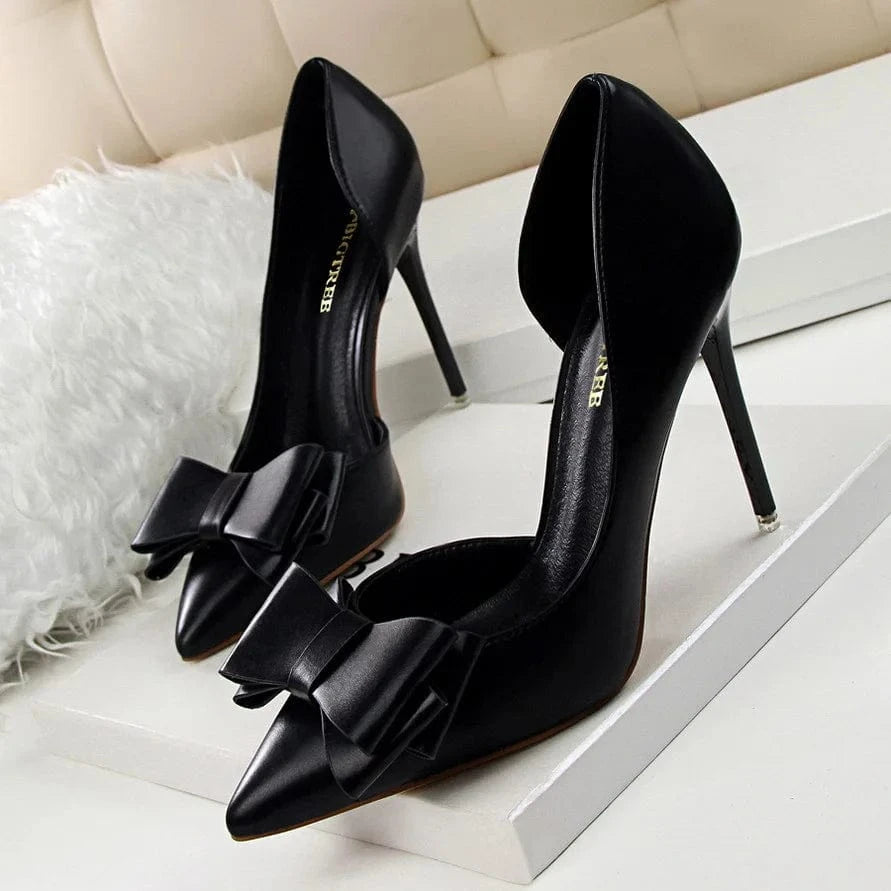 3168-2 Zapatillas de tacón alto con nudo de mariposa dulce a la moda, tacones finos, zapatillas de bolsillo poco profundas, zapatos de mujer de cuero Pu Artificial