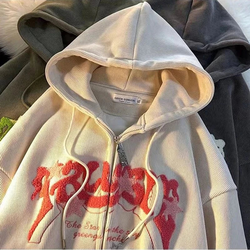 Sudaderas con cremallera bordadas a la moda para mujer, Tops de manga larga de otoño, camisa con capucha holgada, ropa Harajuku Y2K, sudadera para mujer, chaqueta