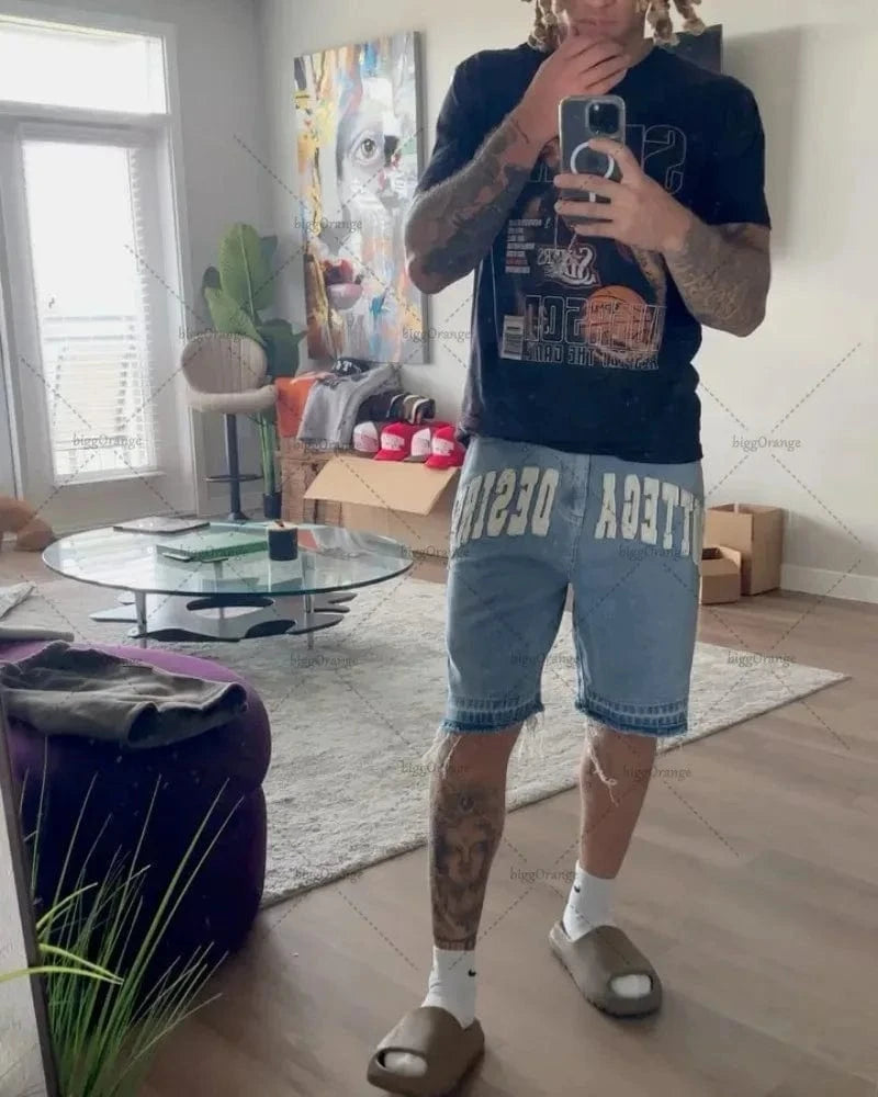 Pantalones cortos vaqueros Retro American Street Harajuku con Bordado de letras, pantalones vaqueros de gran tamaño para hombre Y2k, pantalones cortos holgados informales y versátiles para mujer