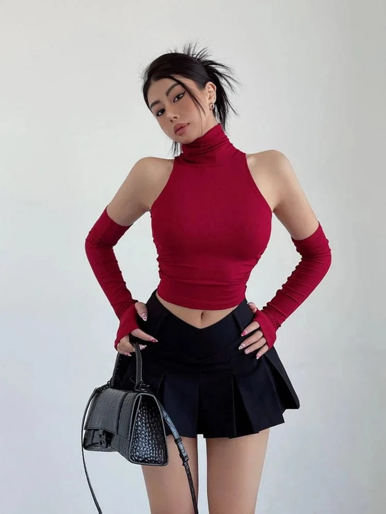 Top sin mangas Sexy para primavera y verano, Top corto plisado con mangas para chica picante y cuello alto, camiseta para mujer, ropa informal ajustada Y2k