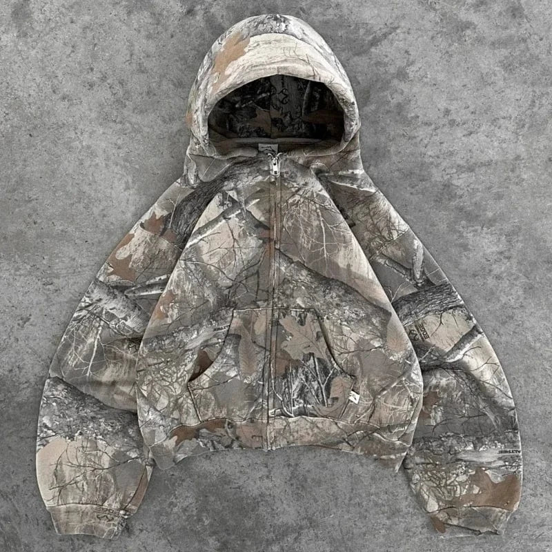 Sudadera con capucha Retro Y2K con cremallera para hombre, sudadera con estampado de camuflaje, ropa informal estilo Hip Hop, Sudadera con capucha de camuflaje Unisex de gran tamaño