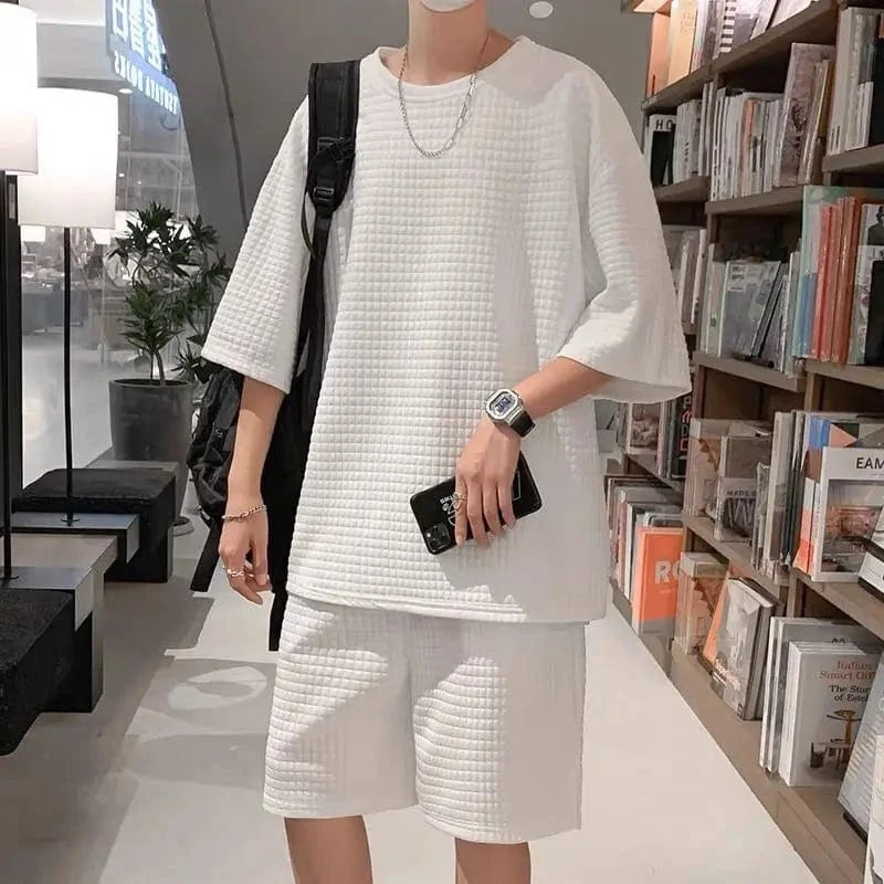 Conjunto de ropa deportiva de manga corta de seda de hielo para hombre, plones informs de cinco cuartos de ocio, cs...