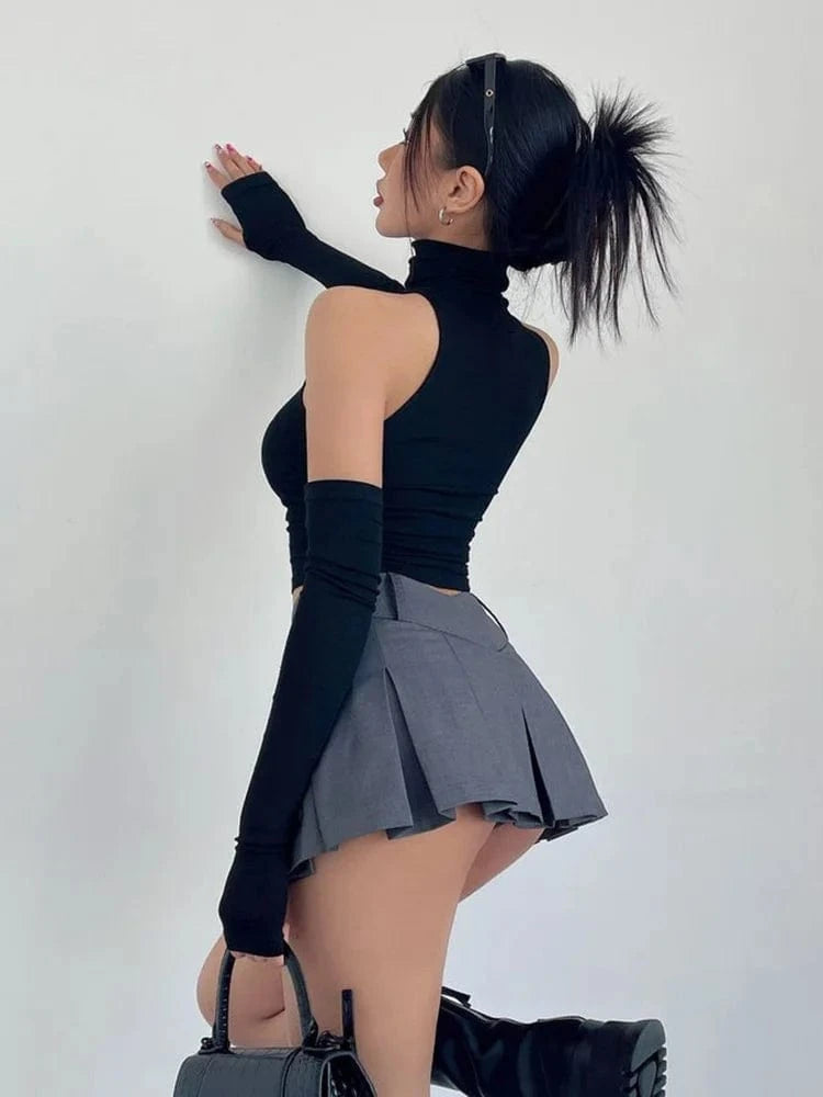 Top sin mangas Sexy para primavera y verano, Top corto plisado con mangas para chica picante y cuello alto, camiseta para mujer, ropa informal ajustada Y2k