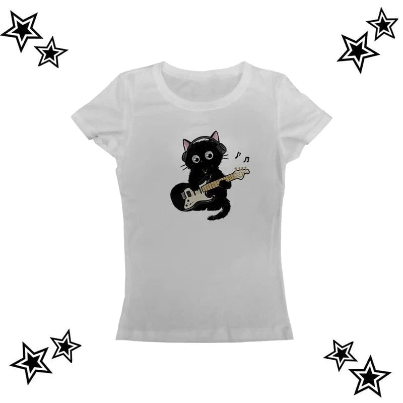 Camisetas básicas Vintage con diseño de gato estético Y2k, ropa para mujer, Top gráfico Retro, camiseta informal blanca de manga corta para mujer