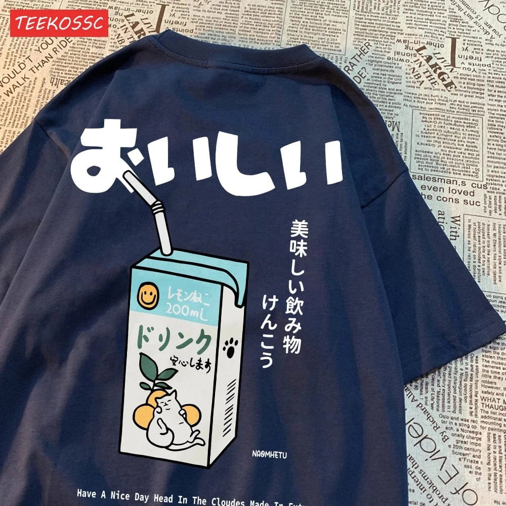 Camiseta extragrande con estampado de gato japonés para hombre y mujer, camiseta informal holgada de manga corta, ropa de calle, Tops de algodón, ropa Harajuku