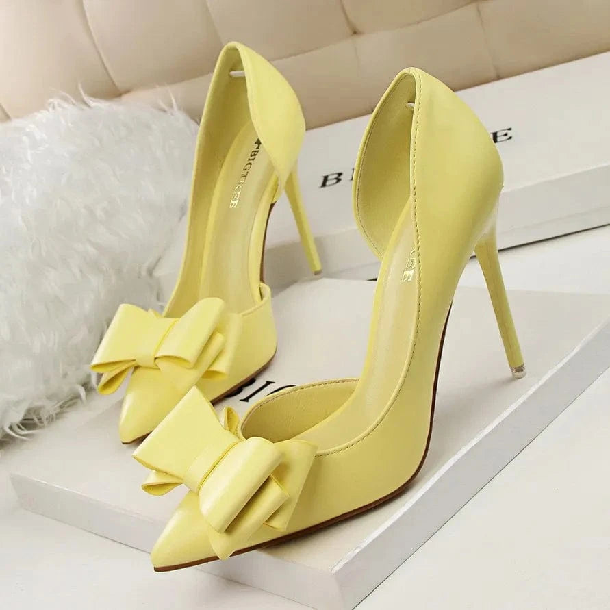 3168-2 Zapatillas de tacón alto con nudo de mariposa dulce a la moda, tacones finos, zapatillas de bolsillo poco profundas, zapatos de mujer de cuero Pu Artificial