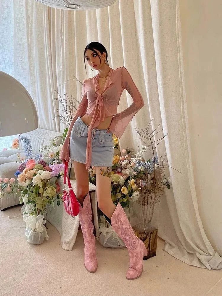 Blusas de manga larga acampanada para mujer, malla con cordones, Sexy, dulce y caliente, estilo de moda coreana, combina con todo, diseño sólido, elegante e informal