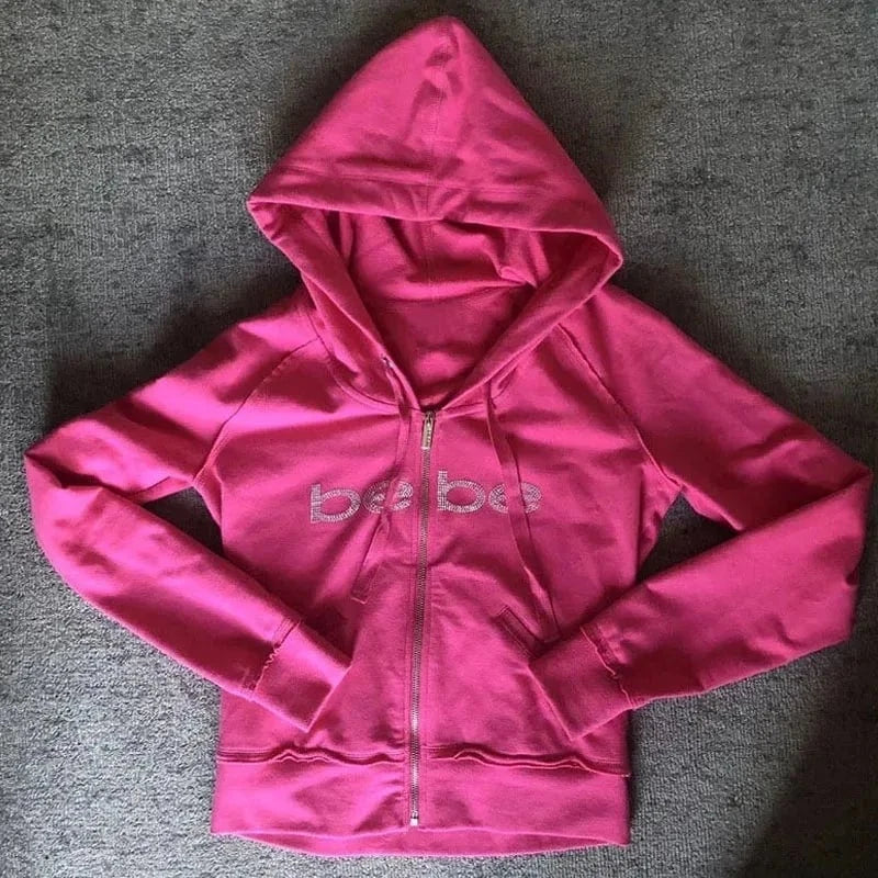 Sudaderas con capucha Y2K con diamantes de imitación para mujer, ropa gótica de gran tamaño con cremallera para mujer, chaqueta con capucha Retro Harajuku, ropa de calle ostentosa de los años 90