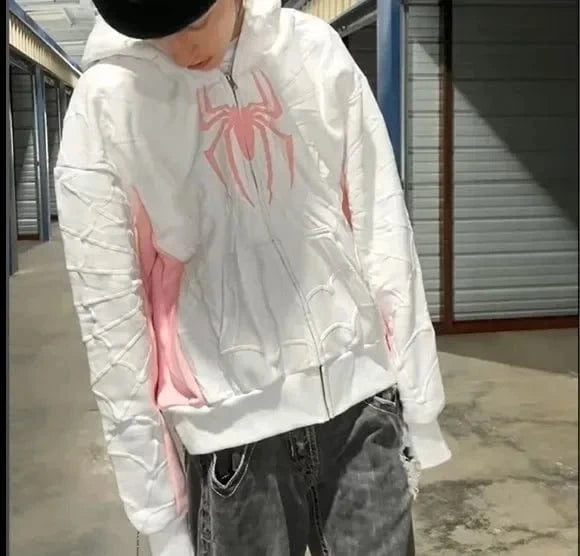 Sudaderas con capucha con estampado de araña para hombre y mujer, chaqueta de manga larga con cremallera de Hip Hop, abrigos Y2k para Otoño e Invierno, Sudadera con capucha holgada informal Harajuku