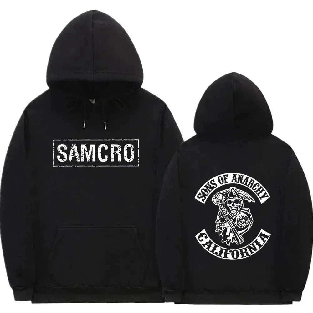Sudadera con capucha con estampado de doble cara Tops Sons of Anarchy SAMCRO hombres mujeres diseño de marca de moda pulóver sudaderas con capucha de lana de algodón