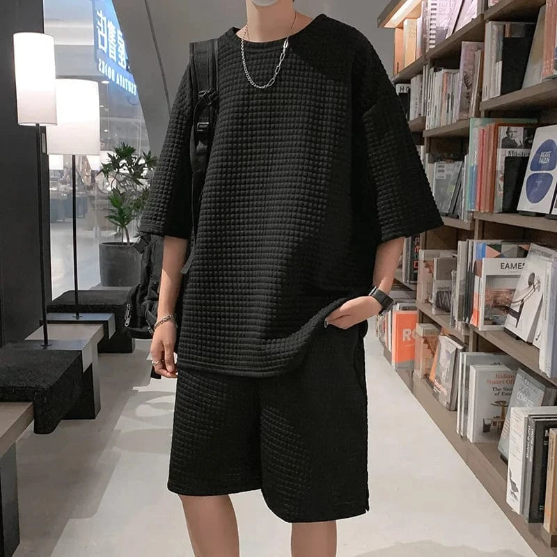 Conjunto de ropa deportiva de manga corta de seda de hielo para hombre, plones informs de cinco cuartos de ocio, cs...