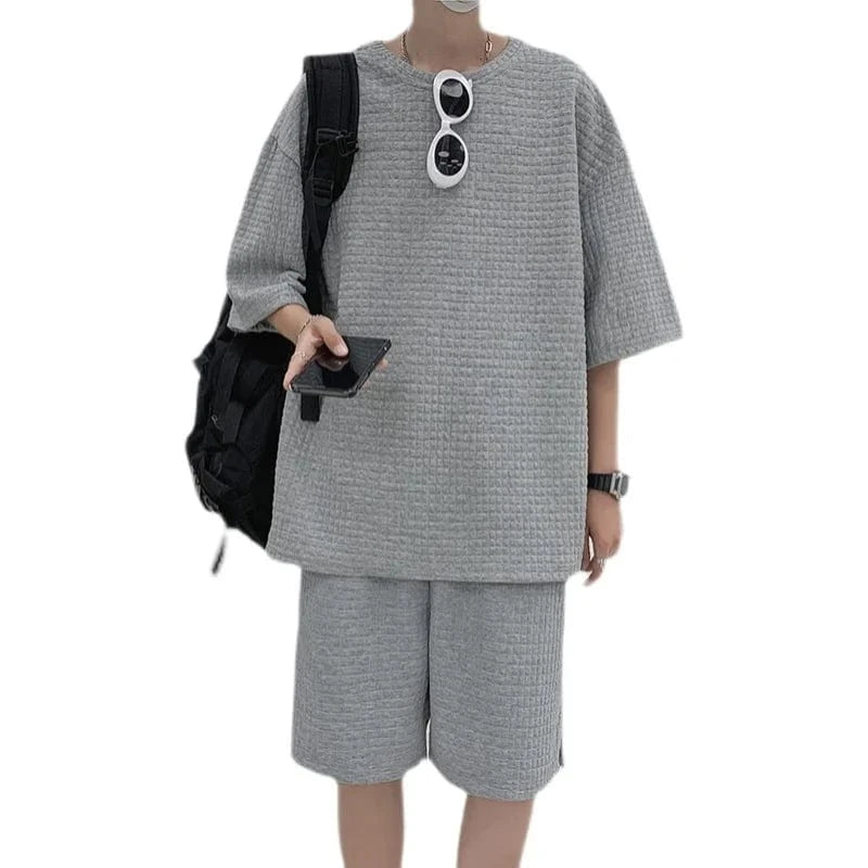 Conjunto de ropa deportiva de manga corta de seda de hielo para hombre, plones informs de cinco cuartos de ocio, cs...