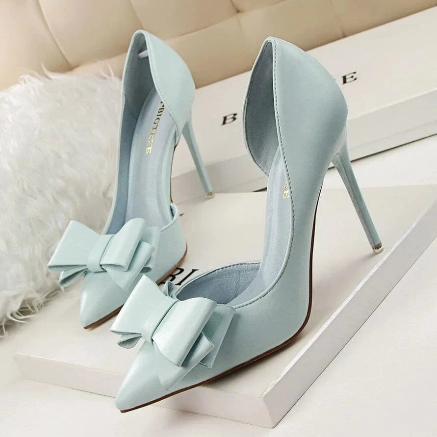 3168-2 Zapatillas de tacón alto con nudo de mariposa dulce a la moda, tacones finos, zapatillas de bolsillo poco profundas, zapatos de mujer de cuero Pu Artificial