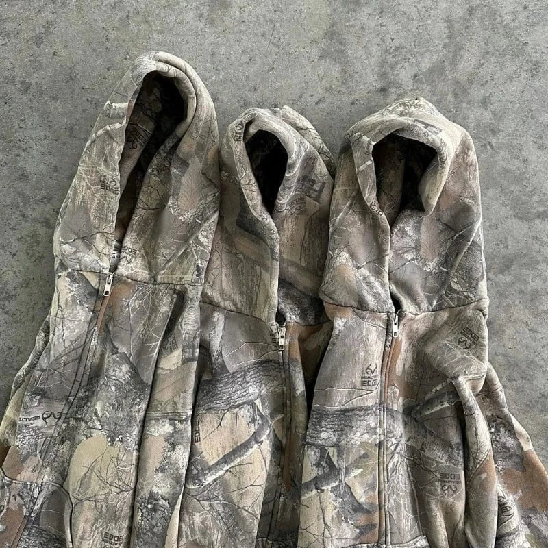 Sudadera con capucha Retro Y2K con cremallera para hombre, sudadera con estampado de camuflaje, ropa informal estilo Hip Hop, Sudadera con capucha de camuflaje Unisex de gran tamaño
