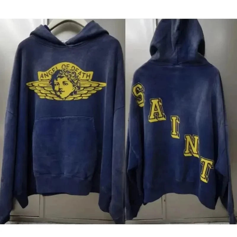 Sudaderas con capucha de gran tamaño Hiphop Street Retro Saint, sudaderas con estampado de grafiti a cuadros y daños lavados, pantalones, chándal para hombres y mujeres