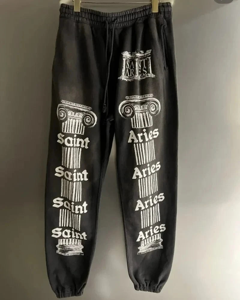 Sudaderas con capucha de gran tamaño Hiphop Street Retro Saint, sudaderas con estampado de grafiti a cuadros y daños lavados, pantalones, chándal para hombres y mujeres