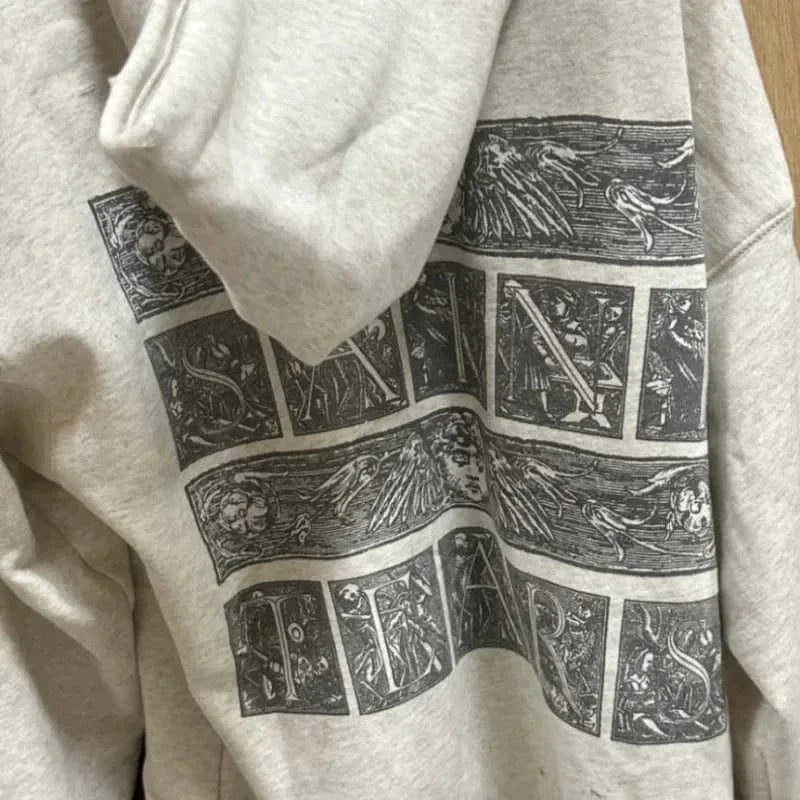 Sudaderas con capucha de gran tamaño Hiphop Street Retro Saint, sudaderas con estampado de grafiti a cuadros y daños lavados, pantalones, chándal para hombres y mujeres
