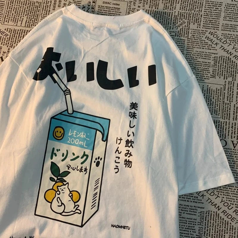 Camiseta extragrande con estampado de gato japonés para hombre y mujer, camiseta informal holgada de manga corta, ropa de calle, Tops de algodón, ropa Harajuku