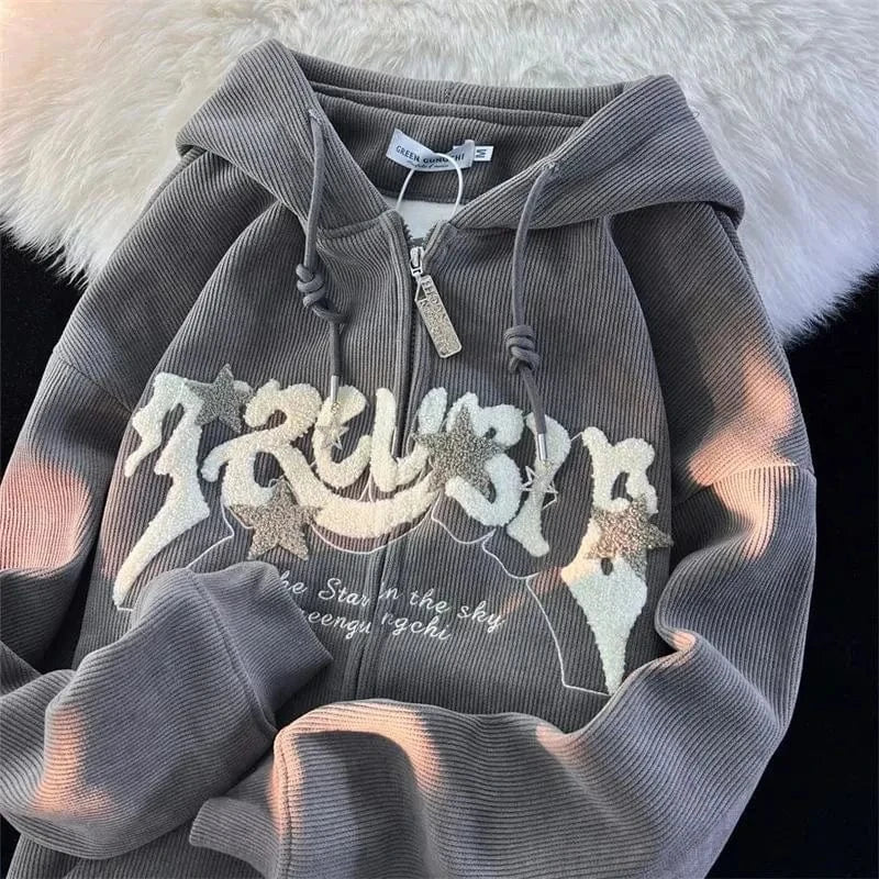 Sudaderas con cremallera bordadas a la moda para mujer, Tops de manga larga de otoño, camisa con capucha holgada, ropa Harajuku Y2K, sudadera para mujer, chaqueta