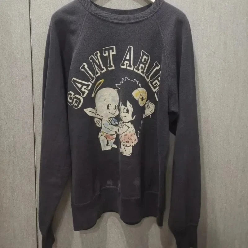 Sudaderas con capucha de gran tamaño Hiphop Street Retro Saint, sudaderas con estampado de grafiti a cuadros y daños lavados, pantalones, chándal para hombres y mujeres
