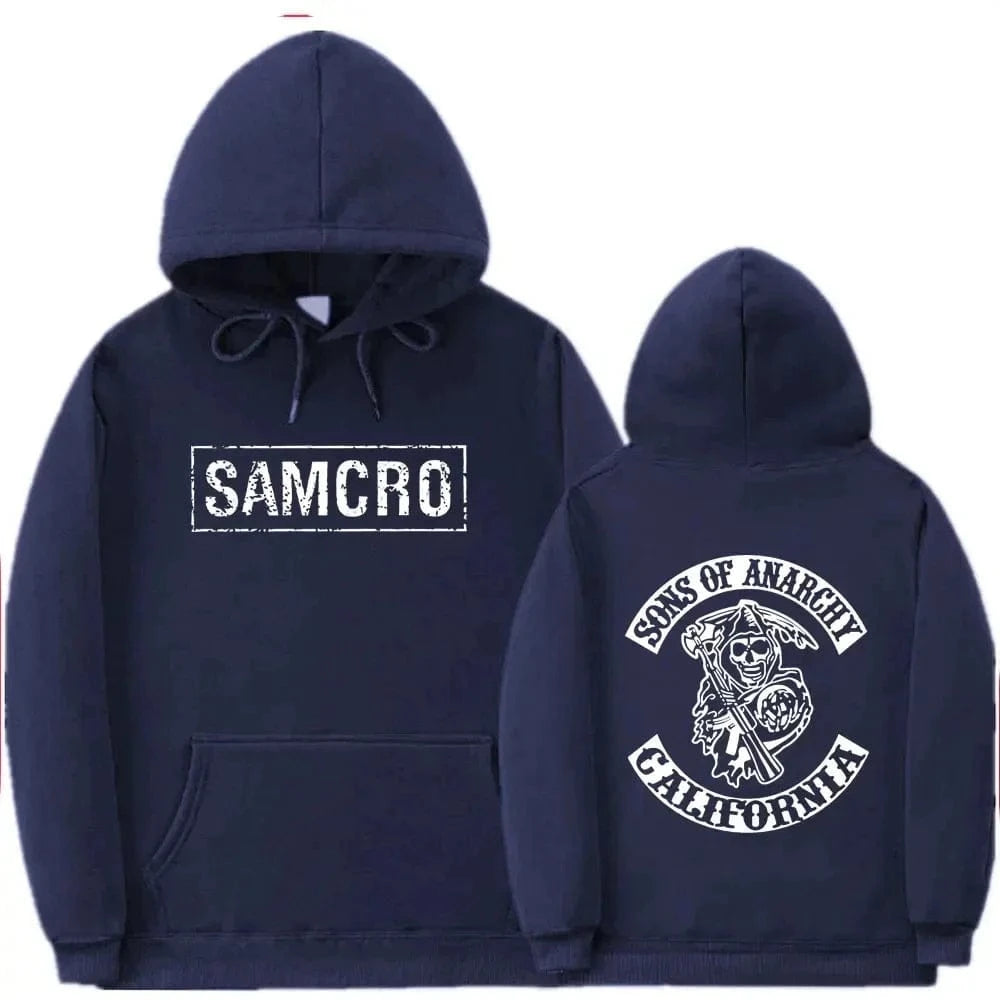 Sudadera con capucha con estampado de doble cara Tops Sons of Anarchy SAMCRO hombres mujeres diseño de marca de moda pulóver sudaderas con capucha de lana de algodón