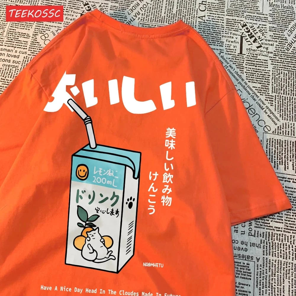 Camiseta extragrande con estampado de gato japonés para hombre y mujer, camiseta informal holgada de manga corta, ropa de calle, Tops de algodón, ropa Harajuku