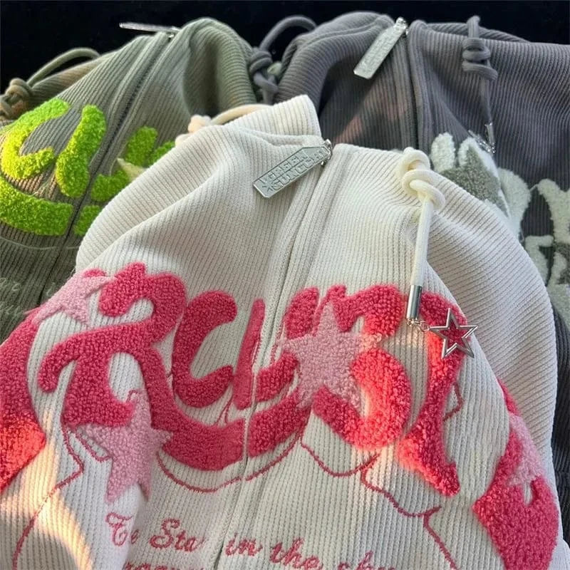 Sudaderas con cremallera bordadas a la moda para mujer, Tops de manga larga de otoño, camisa con capucha holgada, ropa Harajuku Y2K, sudadera para mujer, chaqueta