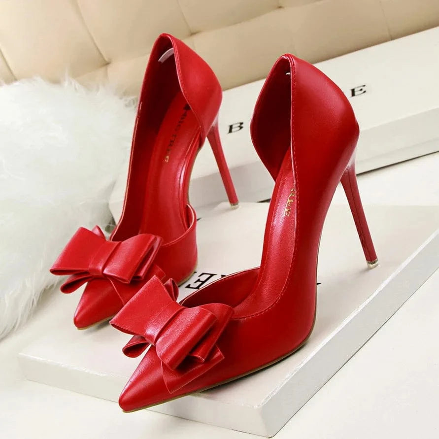 3168-2 Zapatillas de tacón alto con nudo de mariposa dulce a la moda, tacones finos, zapatillas de bolsillo poco profundas, zapatos de mujer de cuero Pu Artificial