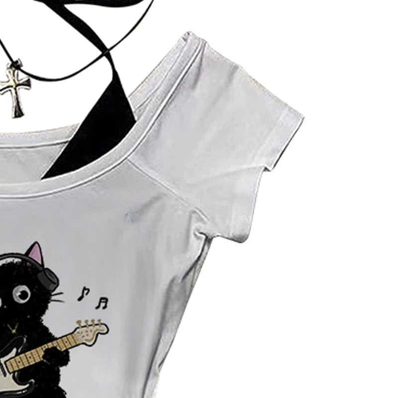 Camisetas básicas Vintage con diseño de gato estético Y2k, ropa para mujer, Top gráfico Retro, camiseta informal blanca de manga corta para mujer