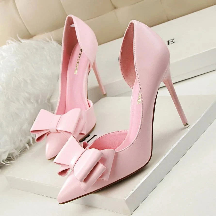 3168-2 Zapatillas de tacón alto con nudo de mariposa dulce a la moda, tacones finos, zapatillas de bolsillo poco profundas, zapatos de mujer de cuero Pu Artificial